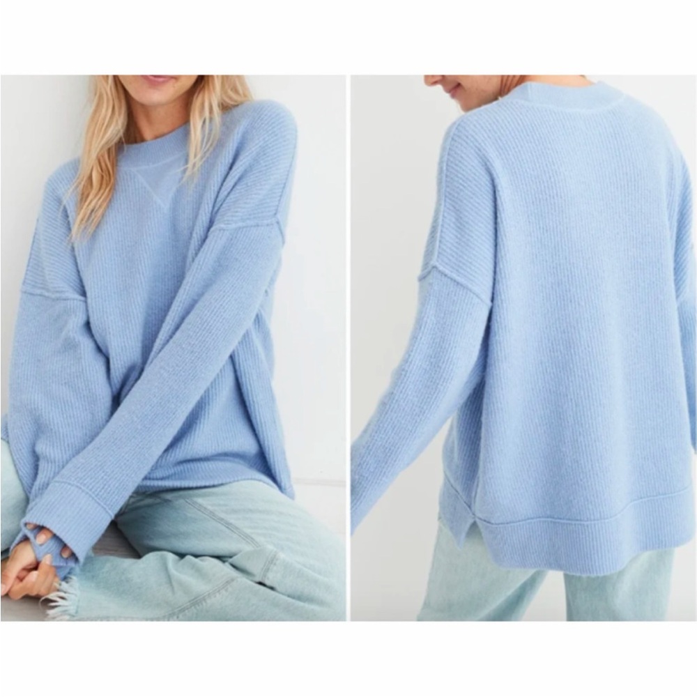 Aerie Light Blue Oversized Ribbed Cozyup Crew Neck Sweater
